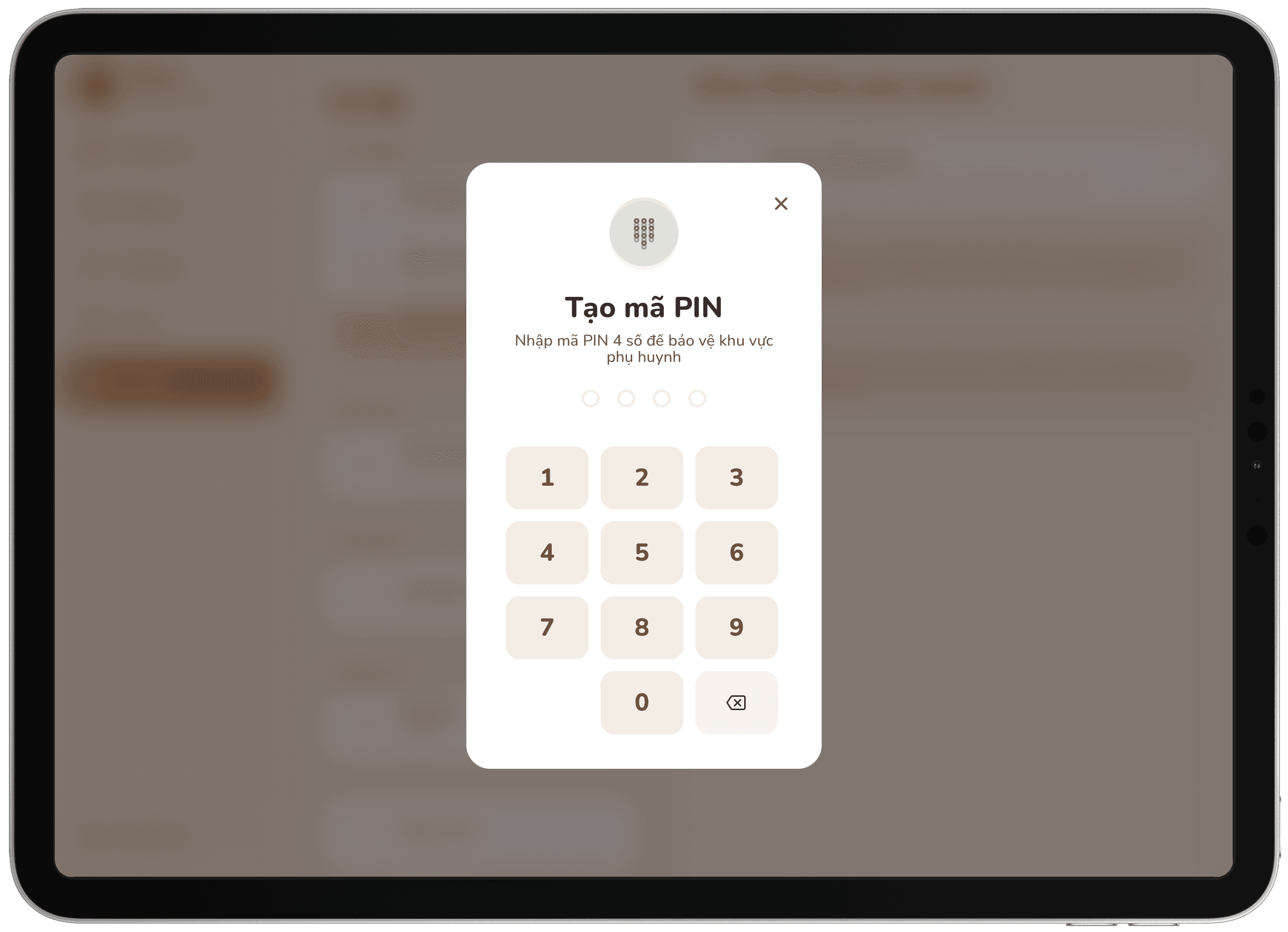 Màn hình tạo mã PIN bảo vệ khu vực phụ huynh